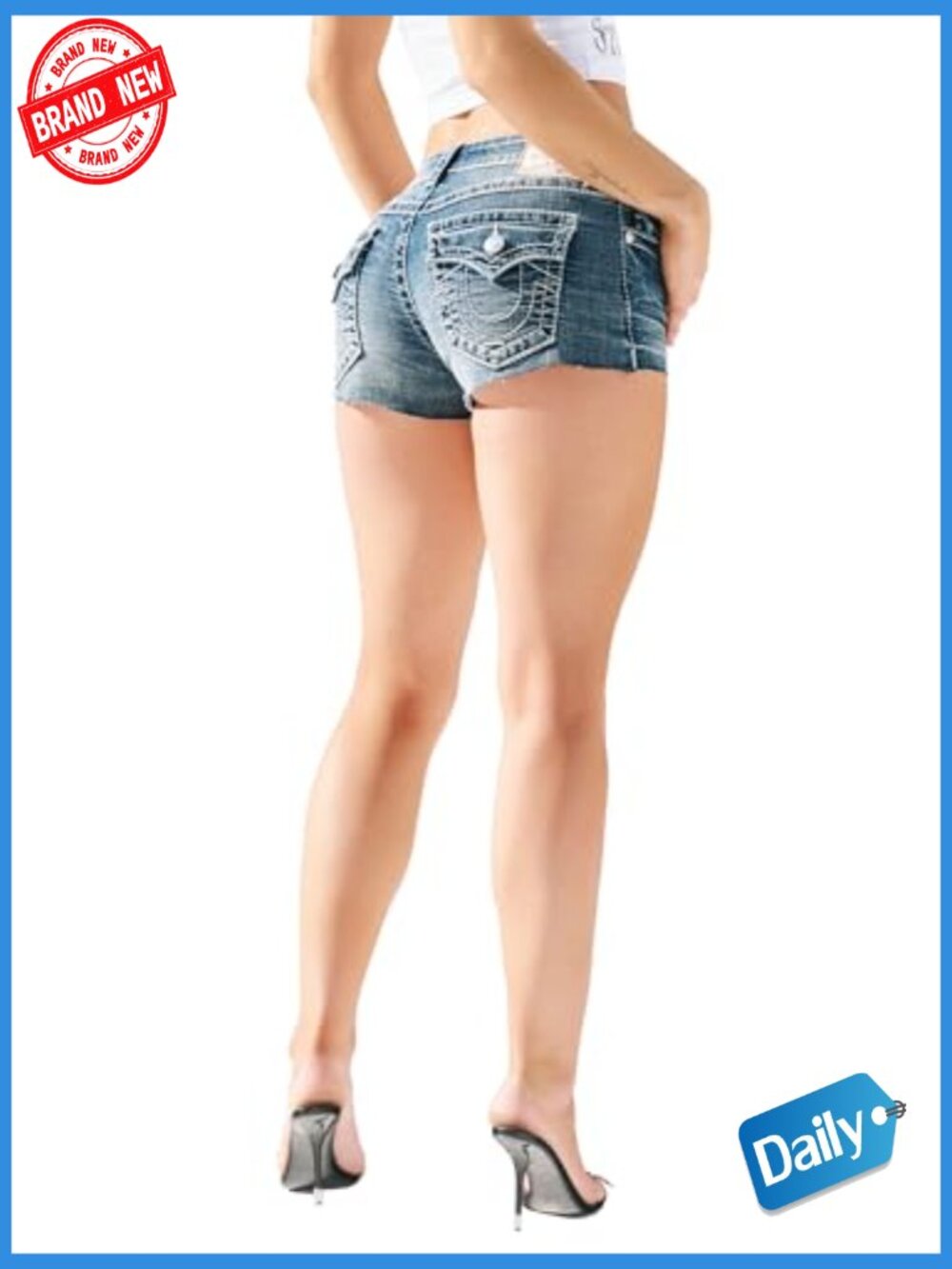 Low Rise Denim Shorts with Raw Hem and Back Flap Pockets - Picture 3 of 7